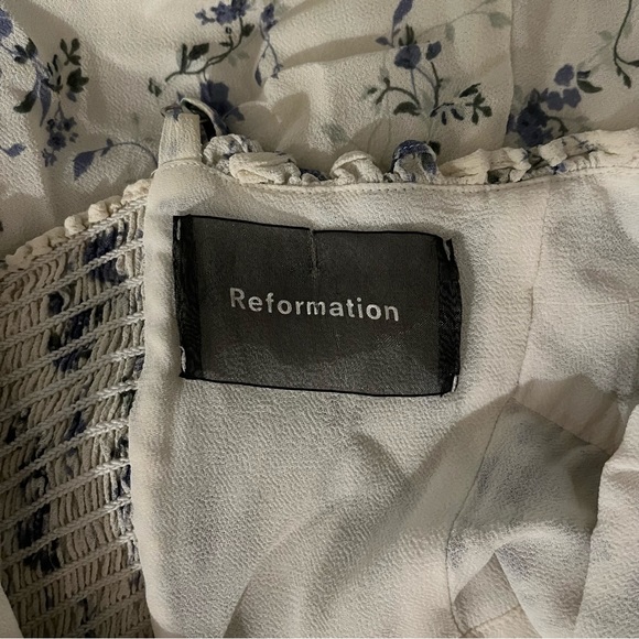 The Reformation Frannie Mini Dress in Madeline - Lace Up Floral White Blue Dress - Picture 5 of 6